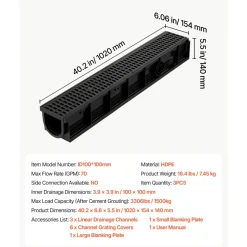 VEVOR Trench Drain, 40.2 x 6.6 x 5.5 in, 3 Pack Linear Drainage Channel, HDPE Channel Drain with Grates & End Caps, Premium Outdoor Drainage System for Driveway, Patio, Pool, Garden, Yard, Black