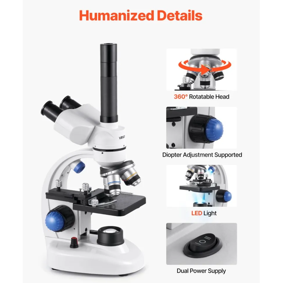 VEVOR Trinocular Microscope, 40-5000X Magnification, Professional Compound Microscope for Adult with Phone Adapter, LED Light, Aluminum Alloy Body, for Lab, School, Home, Education