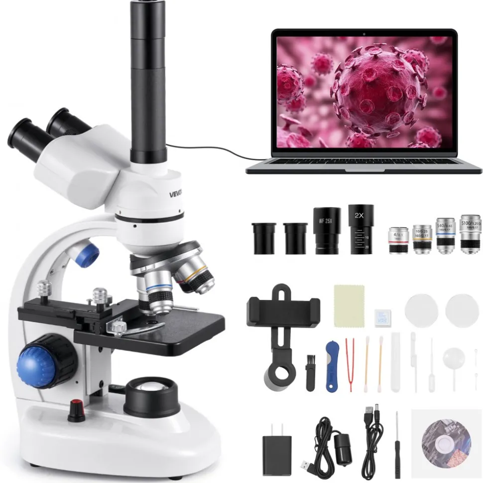 VEVOR Trinocular Microscope, 40-5000X Magnification, Professional Compound Microscope for Adult with Phone Adapter, LED Light, Aluminum Alloy Body, for Lab, School, Home, Education