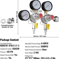 VEVOR Triple Gauge Regulator, CO2 Regulator Gauge with 0-60PSI, Heavy Duty CO2 Gauge Gas System, Draft Beer Regulator with Check Valve, Adjustable Pressure Regulator for Draft Beer Homebrew, CGA320