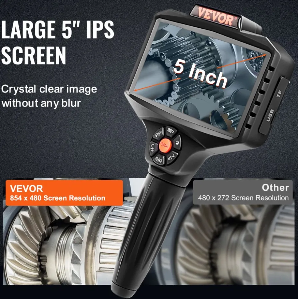 VEVOR Triple Lens Borescope, 5" IPS Screen Inspection Camera with Lights, 8X Zoom 1080P HD Split Screen, 10 LED Lights Scope Endoscope Camera for Automotive, Plumbing(16.5FT Cable, 32GB Card)