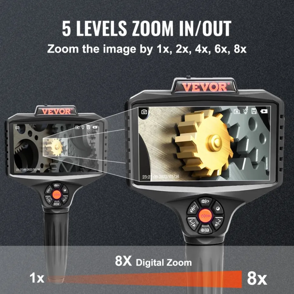 VEVOR Triple Lens Borescope, 5" IPS Screen Inspection Camera with Lights, 8X Zoom 1080P HD Split Screen, 10 LED Lights Scope Endoscope Camera for Automotive, Plumbing(16.5FT Cable, 32GB Card)