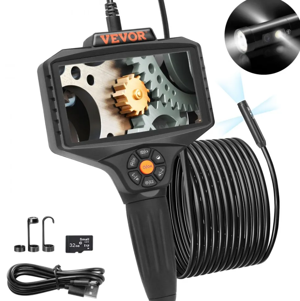 VEVOR Triple Lens Borescope, 5" IPS Screen Inspection Camera with Lights, 8X Zoom 1080P HD Split Screen, 10 LED Lights Scope Endoscope Camera for Automotive, Plumbing(16.5FT Cable, 32GB Card)