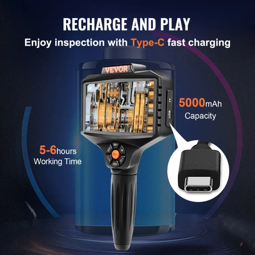 VEVOR Triple Lens Borescope, 5" IPS Screen Inspection Camera with Lights, 8X Zoom 1080P HD Split Screen, 10 LED Lights Scope Endoscope Camera for Automotive, Plumbing(16.5FT Cable, 32GB Card)