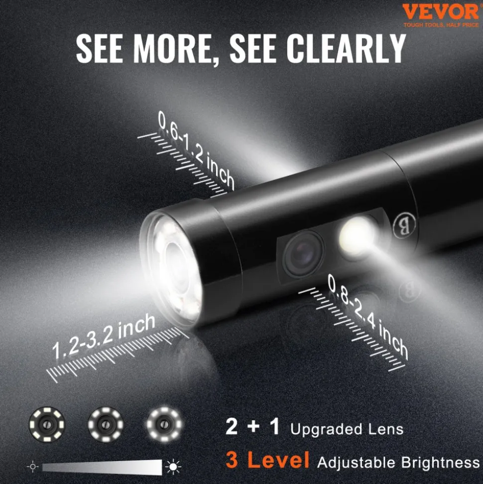 VEVOR Triple Lens Borescope, 5" IPS Screen Inspection Camera with Lights, 8X Zoom 1080P HD Split Screen, 10 LED Lights Scope Endoscope Camera for Automotive, Plumbing(16.5FT Cable, 32GB Card)