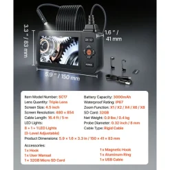 VEVOR Triple Lens Endoscope with Light, 4.5" HD IPS Screen Industrial Borescope Camera, 8 + 2 Lights, 8X Zoom, IP67 Waterproof Inspection Snake Camera for Automotive, Plumbing (16.4FT Rigid Cable)