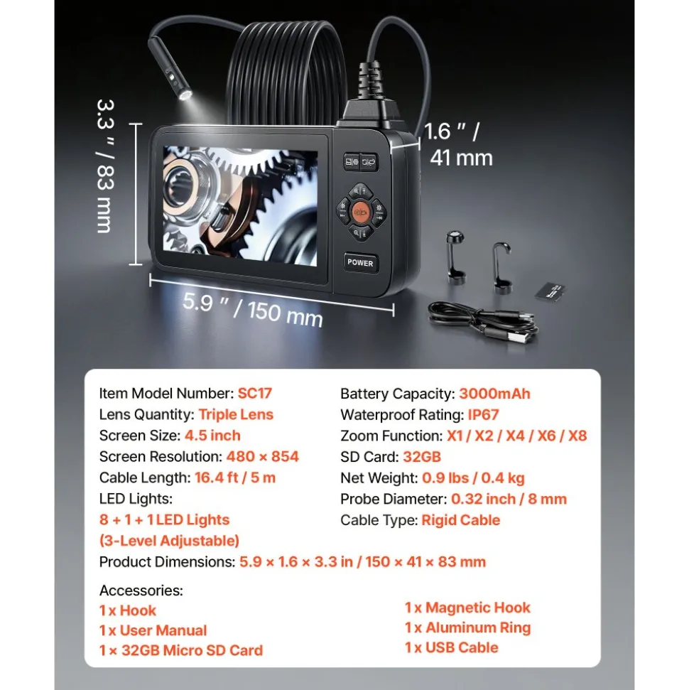 VEVOR Triple Lens Endoscope with Light, 4.5" HD IPS Screen Industrial Borescope Camera, 8 + 2 Lights, 8X Zoom, IP67 Waterproof Inspection Snake Camera for Automotive, Plumbing (16.4FT Rigid Cable)