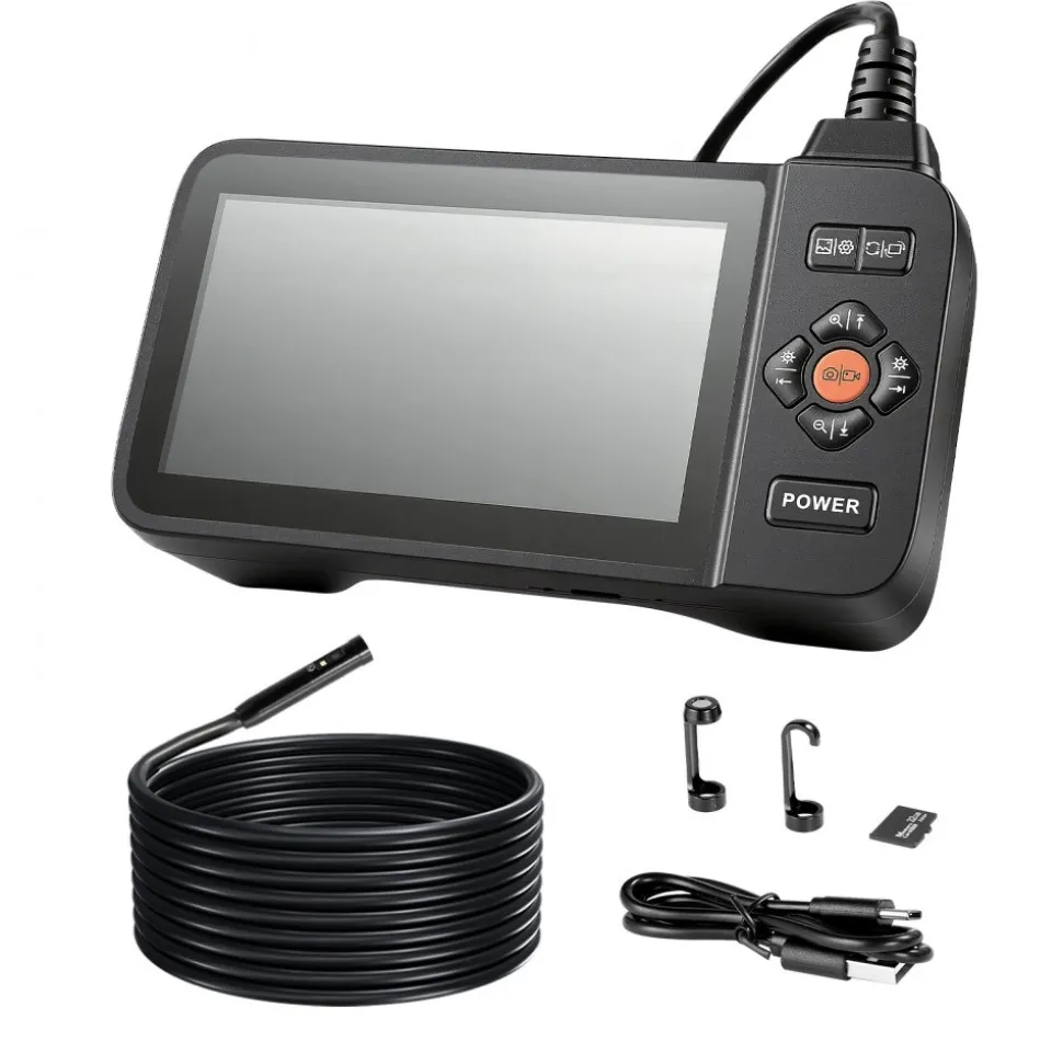 VEVOR Triple Lens Endoscope with Light, 4.5" HD IPS Screen Industrial Borescope Camera, 8 + 2 Lights, 8X Zoom, IP67 Waterproof Inspection Snake Camera for Automotive, Plumbing (16.4FT Rigid Cable)