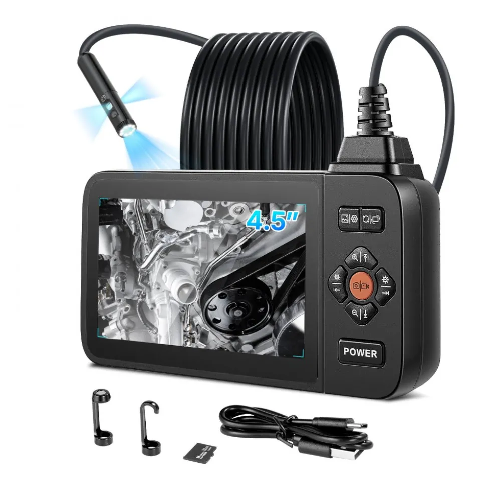 VEVOR Triple Lens Endoscope with Light, 4.5" HD IPS Screen Industrial Borescope Camera, 8 + 2 Lights, 8X Zoom, IP67 Waterproof Inspection Snake Camera for Automotive, Plumbing (16.4FT Rigid Cable)