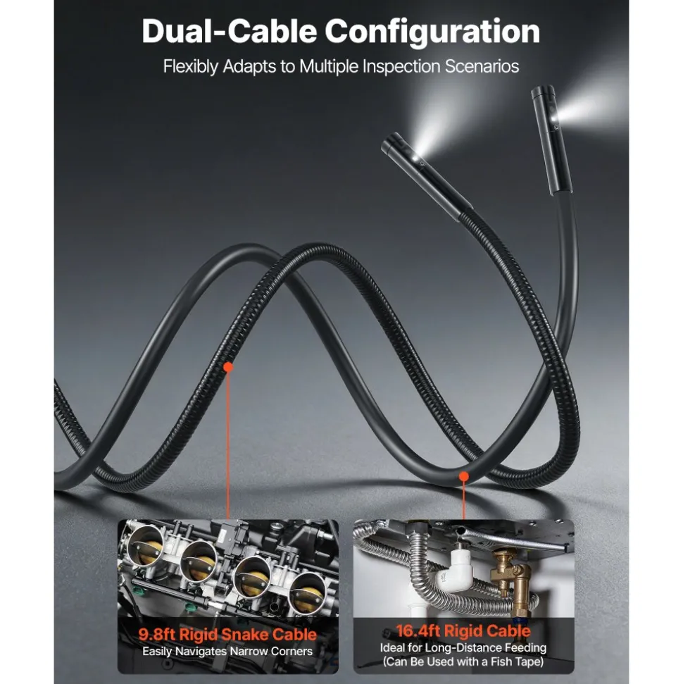 VEVOR Triple Lens Endoscope with Dual-Cable Setup, Industrial Borescope with Light, 7" HD IPS Spilt-Screen, 8 + 2 LEDs, 8X Zoom, IP67 Waterproof Snake Camera for Auto, Plumbing (16.4FT + 9.8FT Cables)