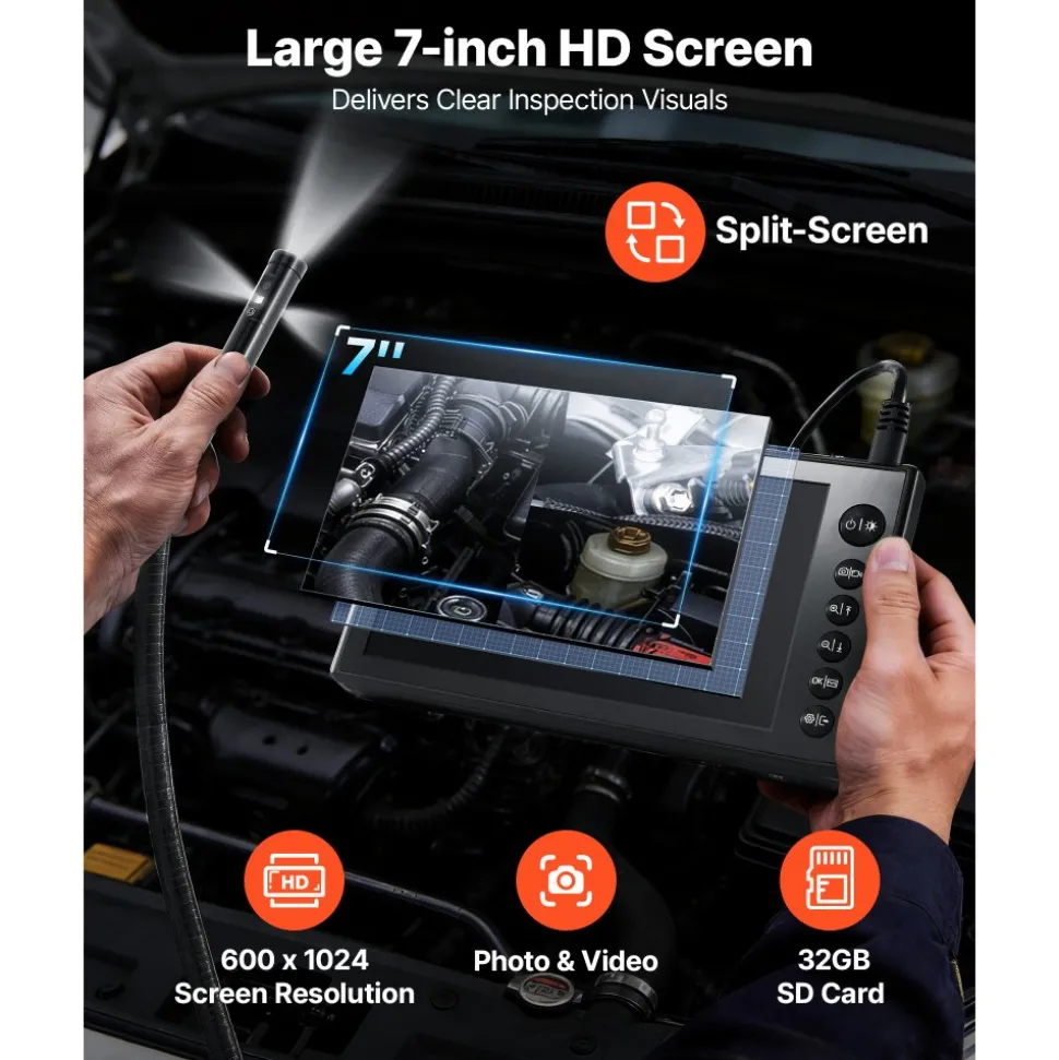 VEVOR Triple Lens Endoscope with Dual-Cable Setup, Industrial Borescope with Light, 7" HD IPS Spilt-Screen, 8 + 2 LEDs, 8X Zoom, IP67 Waterproof Snake Camera for Auto, Plumbing (16.4FT + 9.8FT Cables)