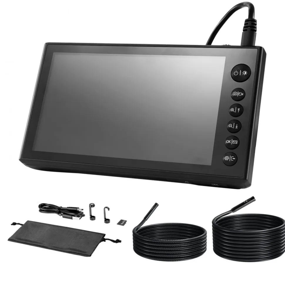 VEVOR Triple Lens Endoscope with Dual-Cable Setup, Industrial Borescope with Light, 7" HD IPS Spilt-Screen, 8 + 2 LEDs, 8X Zoom, IP67 Waterproof Snake Camera for Auto, Plumbing (16.4FT + 9.8FT Cables)