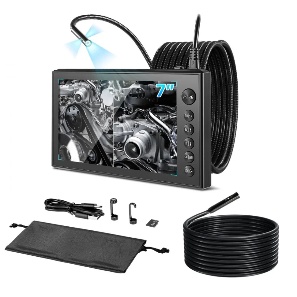VEVOR Triple Lens Endoscope with Dual-Cable Setup, Industrial Borescope with Light, 7" HD IPS Spilt-Screen, 8 + 2 LEDs, 8X Zoom, IP67 Waterproof Snake Camera for Auto, Plumbing (16.4FT + 9.8FT Cables)