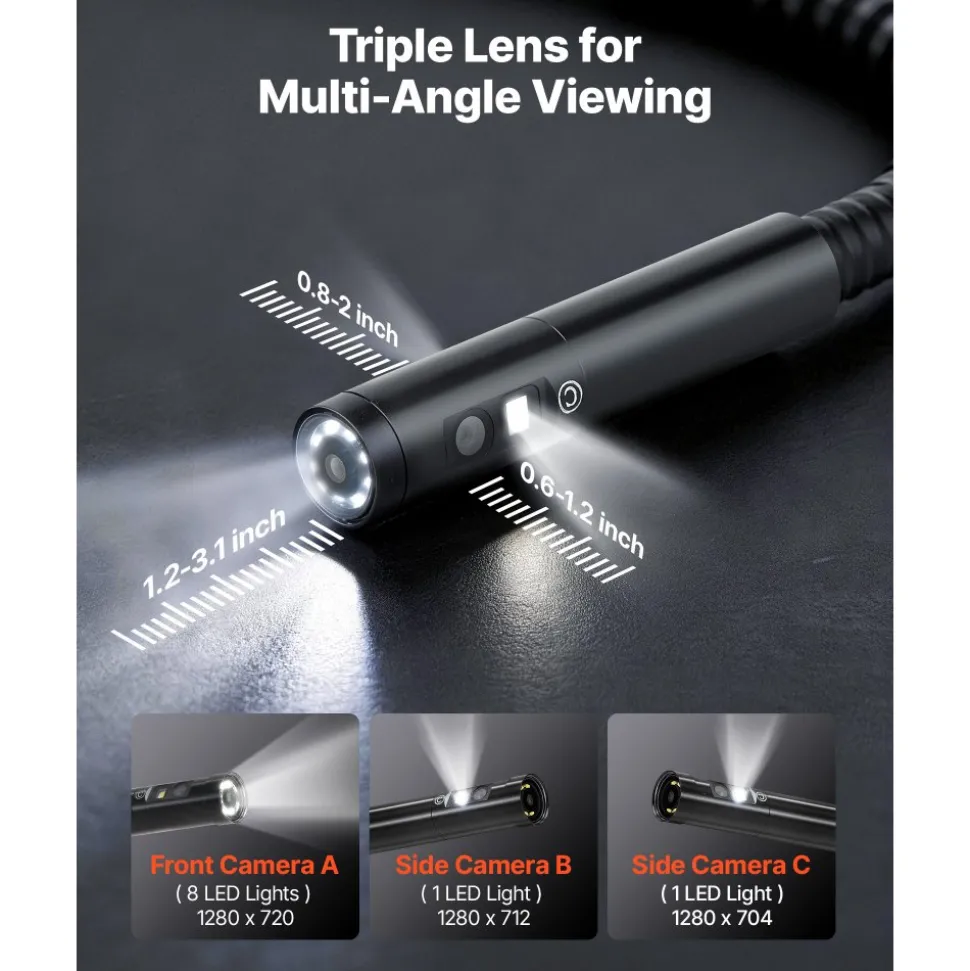 VEVOR Triple Lens Endoscope with Dual-Cable Setup, Industrial Borescope with Light, 7" HD IPS Spilt-Screen, 8 + 2 LEDs, 8X Zoom, IP67 Waterproof Snake Camera for Auto, Plumbing (16.4FT + 9.8FT Cables)