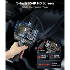 VEVOR Triple Lens Endoscope with Light, 5" HD IPS Screen Industrial Borescope Camera, 8 + 2 LED Lights, 8X Zoom, 5000mAh, IP67 Waterproof Inspection Snake Camera for Automotive, Plumbing (4.9FT Cable)