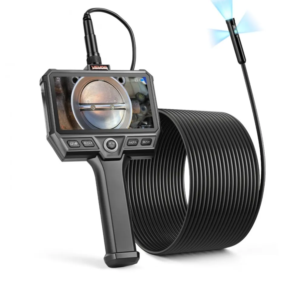 VEVOR Triple Lens Endoscope with Light, 5" HD IPS Screen Industrial Borescope, 1280 x 720 Lens, 8 + 2 LEDs, 8X Zoom, IP67 Waterproof Inspection Snake Camera for Auto, Plumbing (16.4FT Rigid Cable)