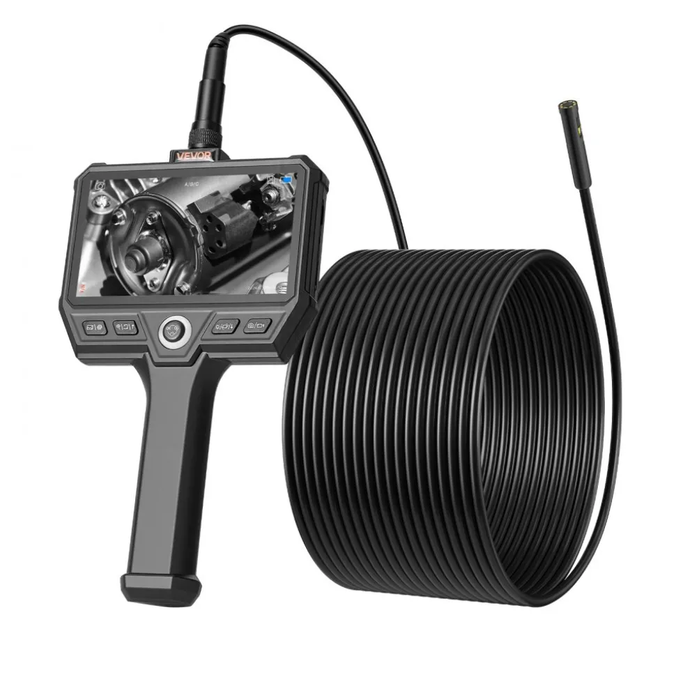 VEVOR Triple Lens Endoscope with Light, 5" HD IPS Screen Industrial Borescope, 1280 x 720 Lens, 8 + 2 LEDs, 8X Zoom, IP67 Waterproof Inspection Snake Camera for Auto, Plumbing (16.4FT Rigid Cable)