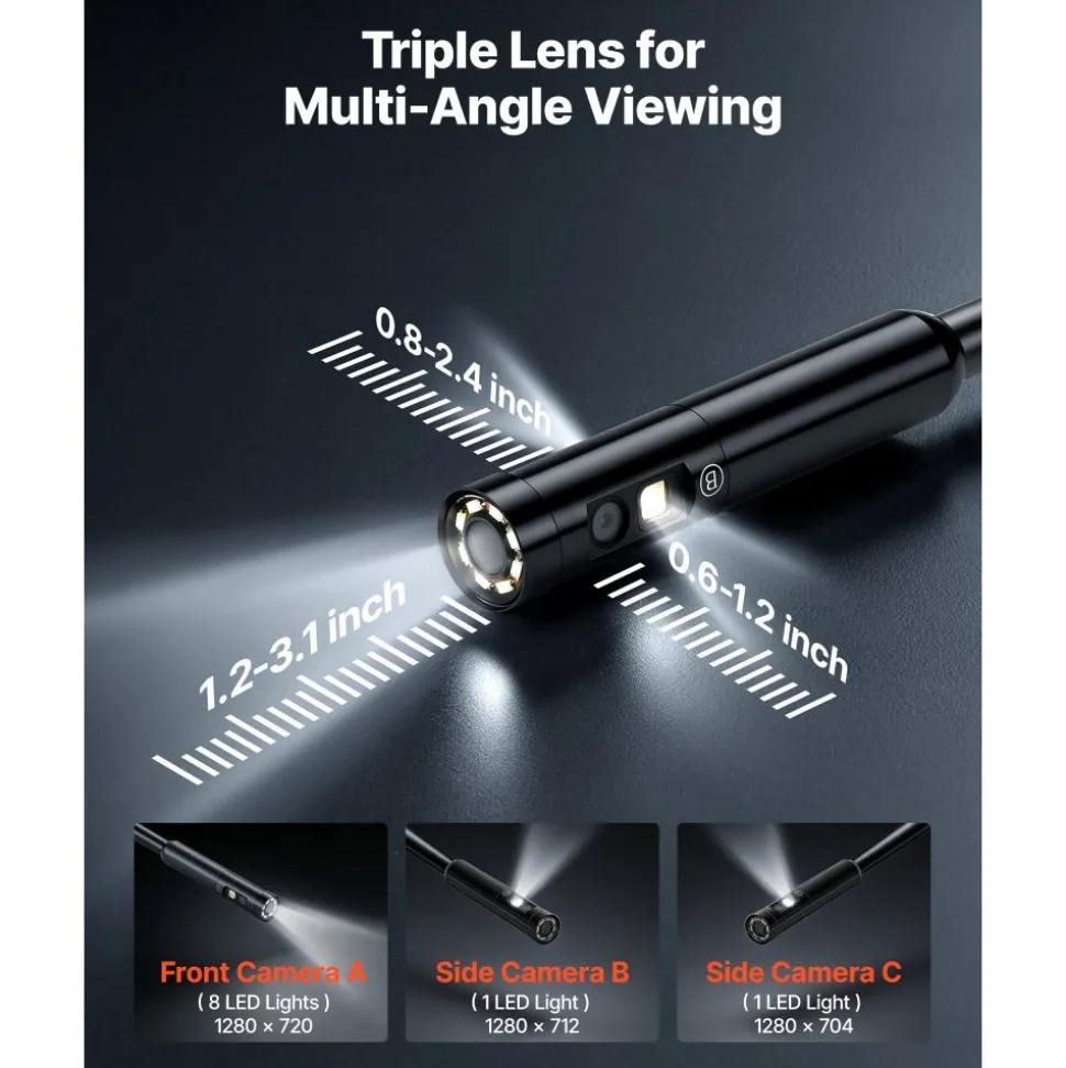 VEVOR Triple Lens Endoscope with Light, 5" HD IPS Screen Industrial Borescope, 1280 x 720 Lens, 8 + 2 LEDs, 8X Zoom, IP67 Waterproof Inspection Snake Camera for Auto, Plumbing (16.4FT Rigid Cable)