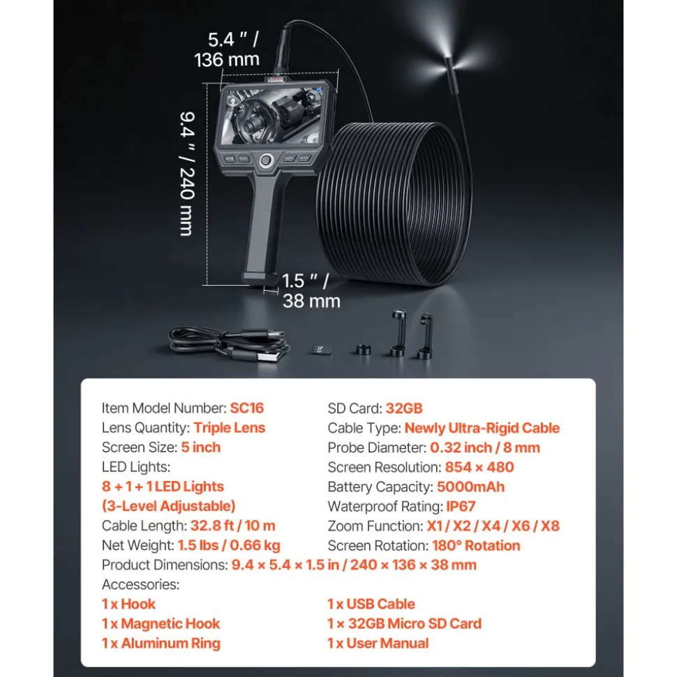 VEVOR Triple Lens Endoscope with Light, 5" HD IPS Screen Industrial Borescope, 1280 x 720 Lens, 8 + 2 LEDs, 8X Zoom, IP67 Waterproof Inspection Snake Camera for Auto, Plumbing (16.4FT Rigid Cable)