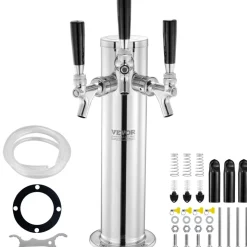VEVOR Triple Taps Draft Beer Tower Dispenser, Stainless Steel Keg Beer Tower, Kegerator Tower Kit with Pre-Assembled Tubing and Self-Closing Faucet Shanks for Party, Bar, Pub, Restaurant