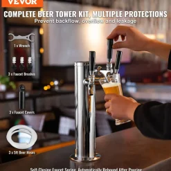VEVOR Triple Taps Draft Beer Tower Dispenser, Stainless Steel Keg Beer Tower, Kegerator Tower Kit with Pre-Assembled Tubing and Self-Closing Faucet Shanks for Party, Bar, Pub, Restaurant