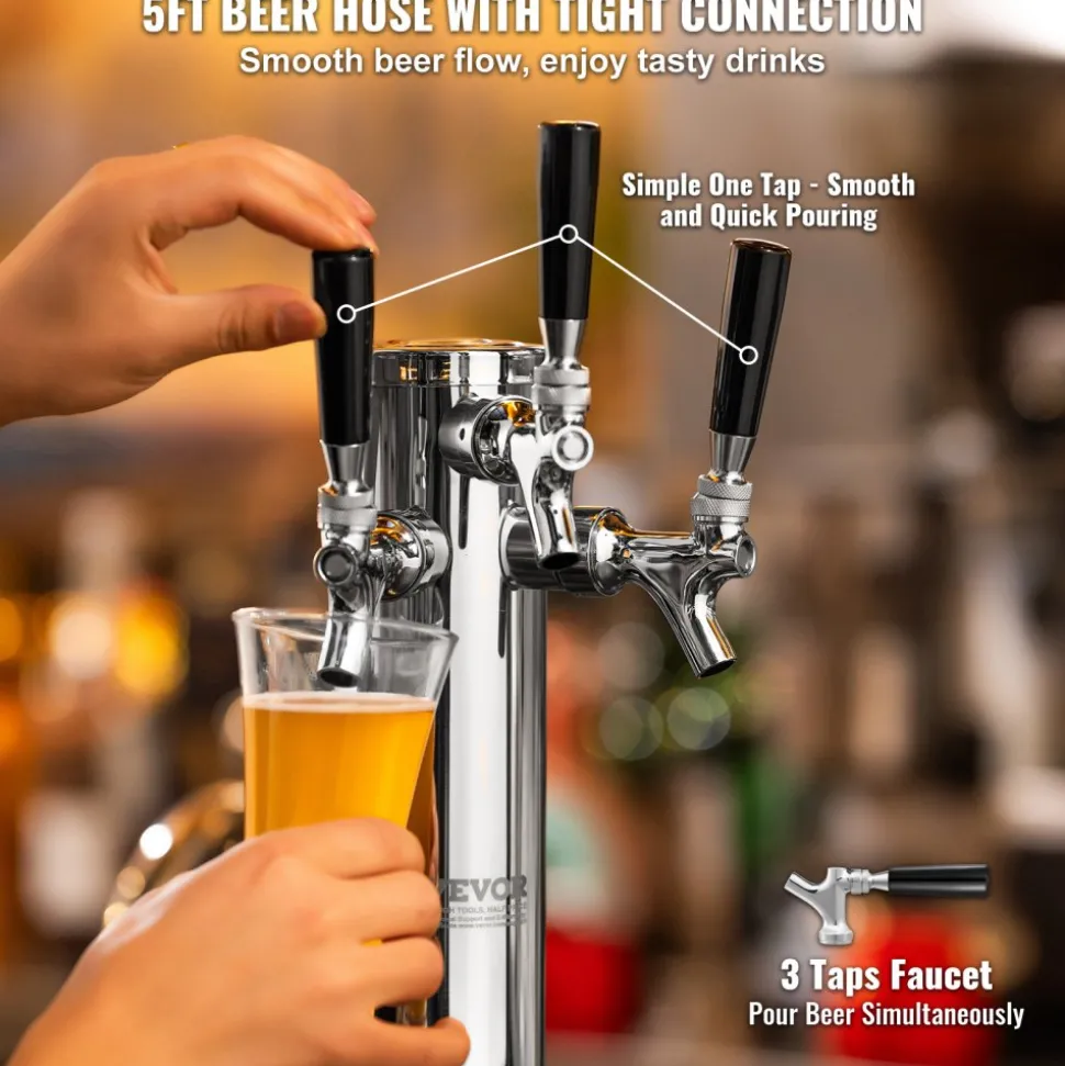 VEVOR Triple Taps Draft Beer Tower Dispenser, Stainless Steel Keg Beer Tower, Kegerator Tower Kit with Pre-Assembled Tubing and Self-Closing Faucet Shanks for Party, Bar, Pub, Restaurant