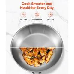 VEVOR Tri-Ply Stainless Steel Frying Pan, 3 Pcs Set (8, 10, 12 in), Cooking Skillet with Heat-Resistant Handle, Chef's Kitchen Cookware, Oven, Gas, Electric, Induction, Dishwasher Compatible, Silver
