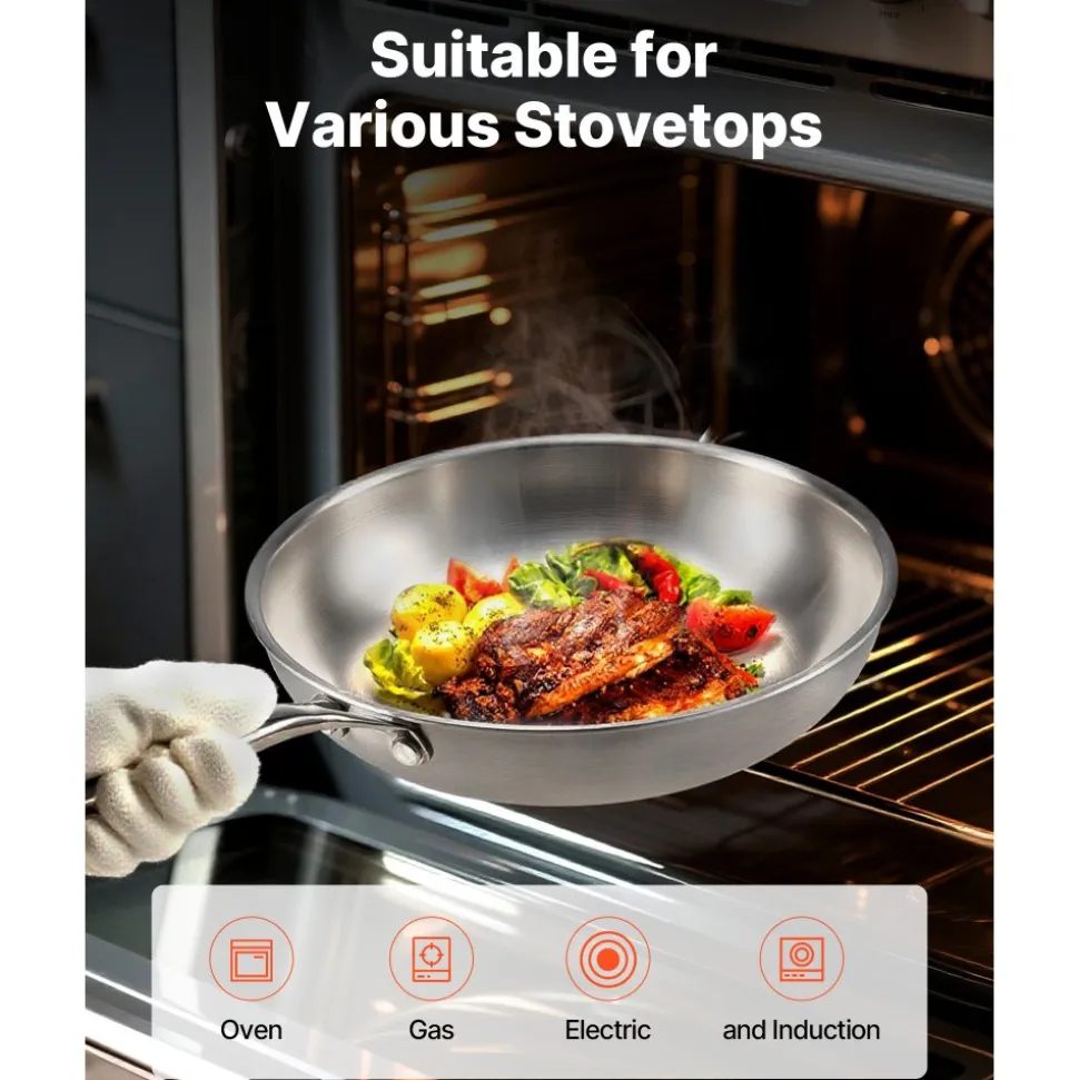 VEVOR Tri-Ply Stainless Steel Frying Pan, 3 Pcs Set (8, 10, 12 in), Cooking Skillet with Heat-Resistant Handle, Chef's Kitchen Cookware, Oven, Gas, Electric, Induction, Dishwasher Compatible, Silver
