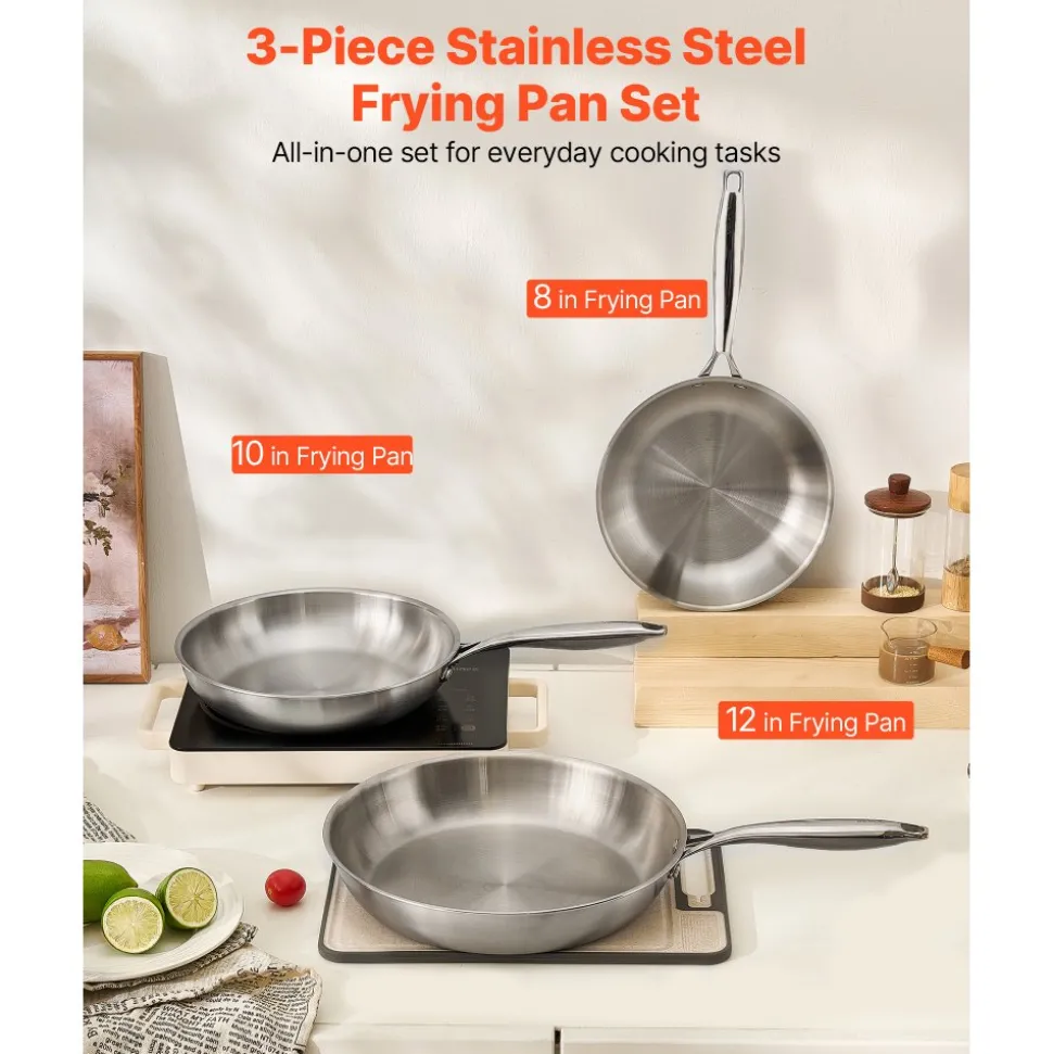 VEVOR Tri-Ply Stainless Steel Frying Pan, 3 Pcs Set (8, 10, 12 in), Cooking Skillet with Heat-Resistant Handle, Chef's Kitchen Cookware, Oven, Gas, Electric, Induction, Dishwasher Compatible, Silver