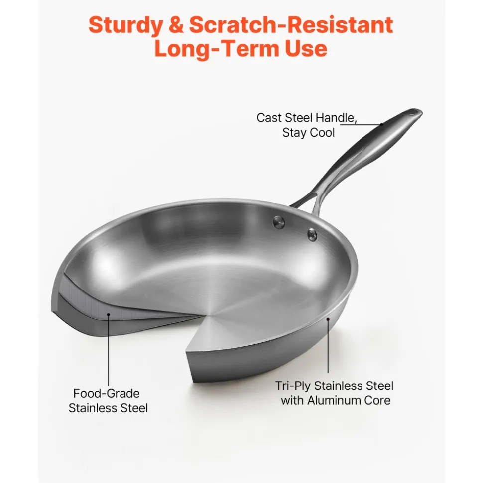 VEVOR Tri-Ply Stainless Steel Frying Pan, 3 Pcs Set (8, 10, 12 in), Cooking Skillet with Heat-Resistant Handle, Chef's Kitchen Cookware, Oven, Gas, Electric, Induction, Dishwasher Compatible, Silver