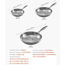 VEVOR Tri-Ply Stainless Steel Frying Pan, 3 Pcs Set (8, 10, 12 in), Cooking Skillet with Heat-Resistant Handle, Chef's Kitchen Cookware, Oven, Gas, Electric, Induction, Dishwasher Compatible, Silver