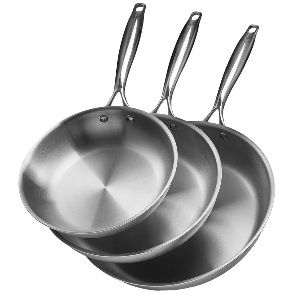 VEVOR Tri-Ply Stainless Steel Frying Pan, 3 Pcs Set (8, 10, 12 in), Cooking Skillet with Heat-Resistant Handle, Chef's Kitchen Cookware, Oven, Gas, Electric, Induction, Dishwasher Compatible, Silver