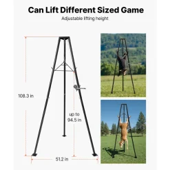 VEVOR Tripod Deer Hoist, 500 lbs Load Capacity, Hunting Game Hoist Winch Lift with Gambrel & Manual Winch, Hunting Game Skinning and Cleaning Accessory for Cleaning, Skinning, and Moving, Black