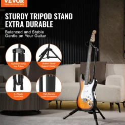 VEVOR Tripod Guitar Stand, 33 lbs/15 kg Load Capacity, Floor-Standing Foldable Guitar Stand Display Rack with 35.4-47.2 in/900-1200 mm Adjustable Height, for Guitar Acoustic Electric Classical Bass
