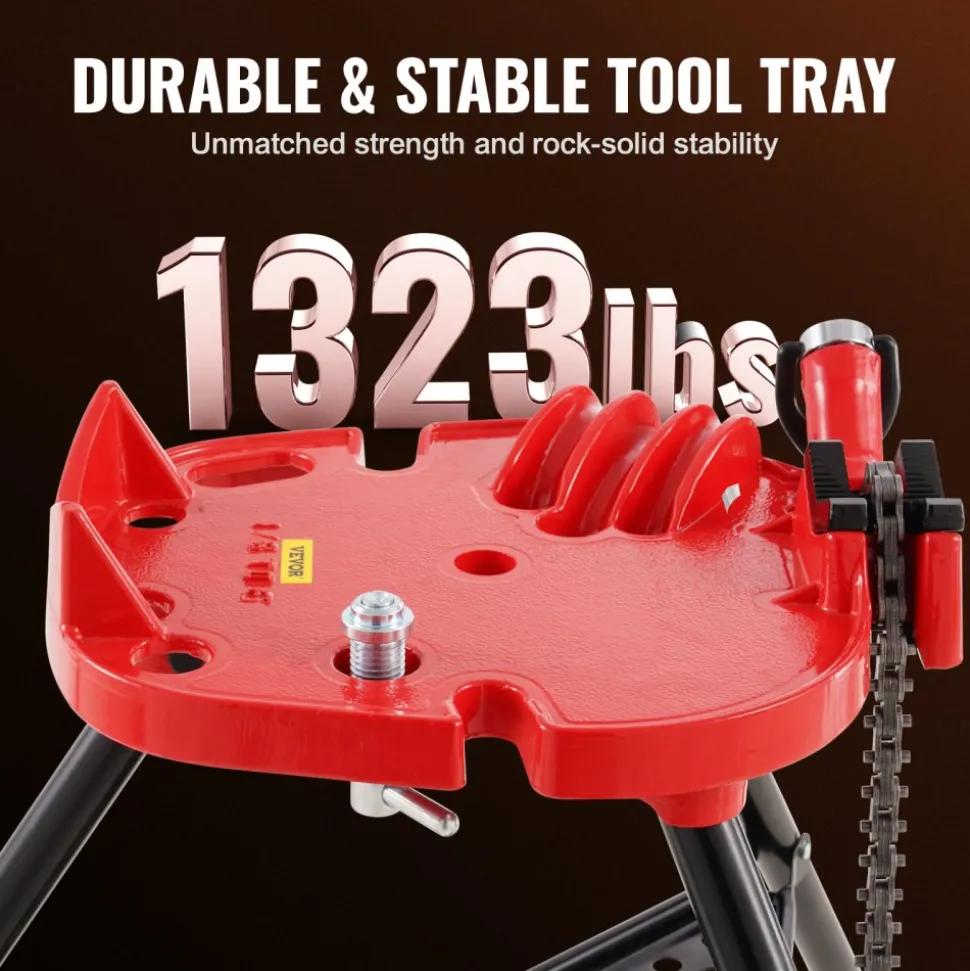 VEVOR 460-6 Tripod Pipe Chain Vise 1/8"-6" Capacity, Pipe Stand Portable Foldable Steel Legs, Pipe Stands with Tool Tray, Tripod Stand Chain Vise Ideal for a Variety of Pipe Materials