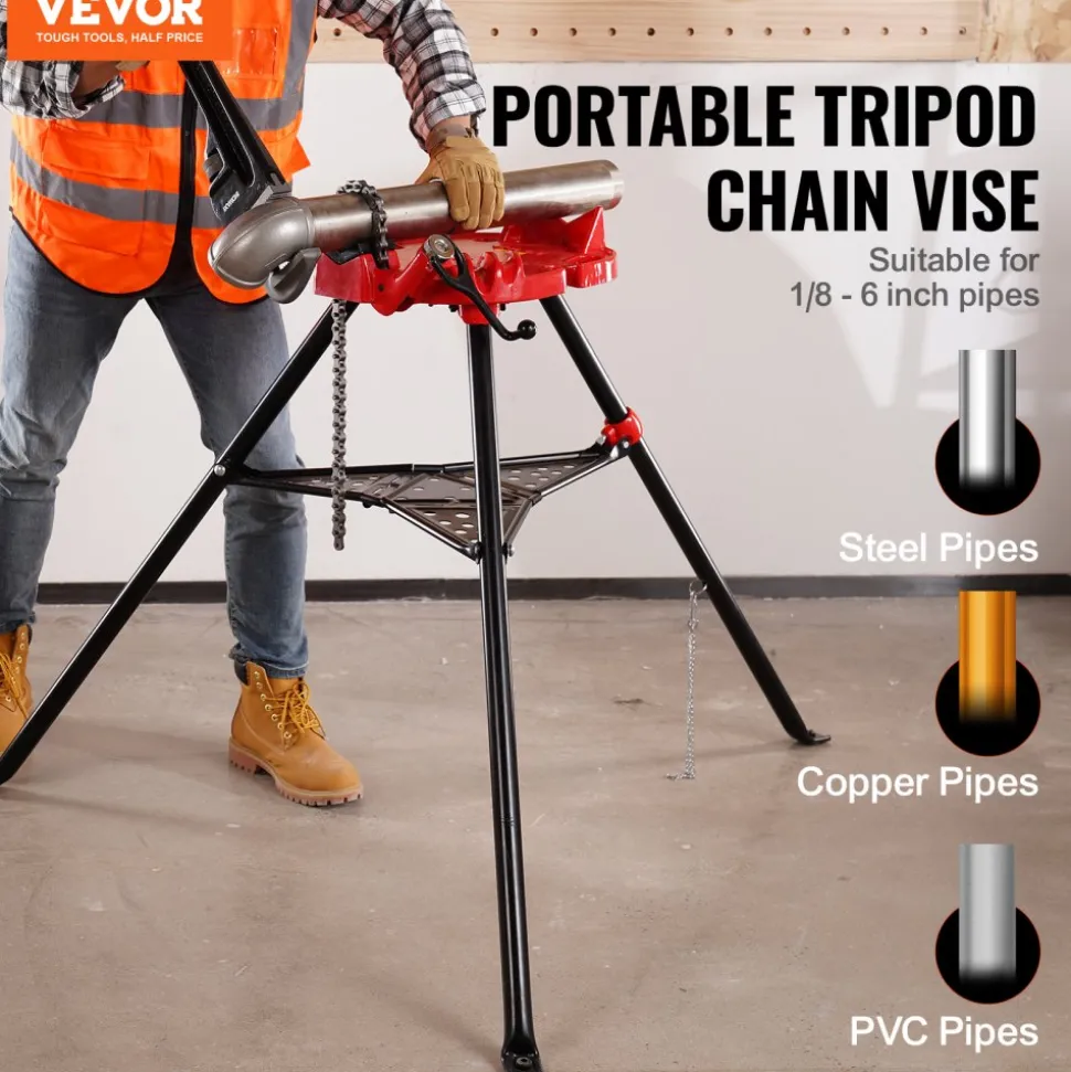 VEVOR 460-6 Tripod Pipe Chain Vise 1/8"-6" Capacity, Pipe Stand Portable Foldable Steel Legs, Pipe Stands with Tool Tray, Tripod Stand Chain Vise Ideal for a Variety of Pipe Materials