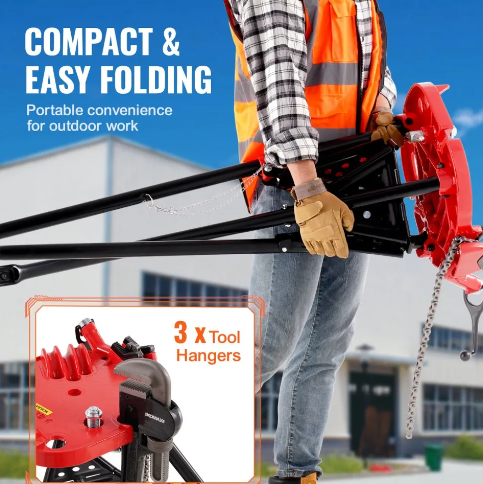 VEVOR 460-6 Tripod Pipe Chain Vise 1/8"-6" Capacity, Pipe Stand Portable Foldable Steel Legs, Pipe Stands with Tool Tray, Tripod Stand Chain Vise Ideal for a Variety of Pipe Materials