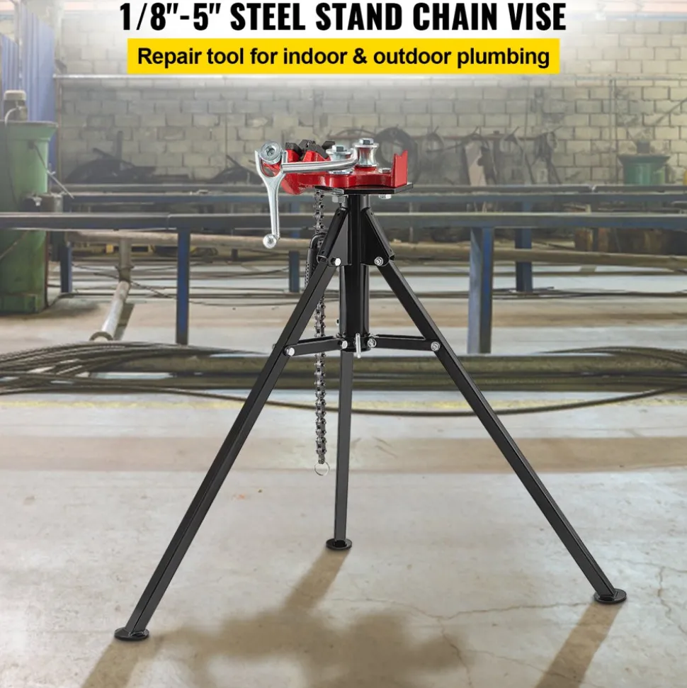 VEVOR Tripod Pipe Chain Vise, 1/8"-5" Pipe Capacity, 36.4“ Length Chain Vise Stand with Portable Folding Steel Legs, for Grabbing, Supporting and Bending Pipes in Factory, Workshop and Home