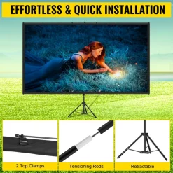 VEVOR Tripod Projector Screen with Stand 100inch 16:9 4K HD Projection Screen Stand Wrinkle-Free Height Adjustable Portable Screen for Projector Indoor & Outdoor for Movie, Home Cinema, Gaming, Office