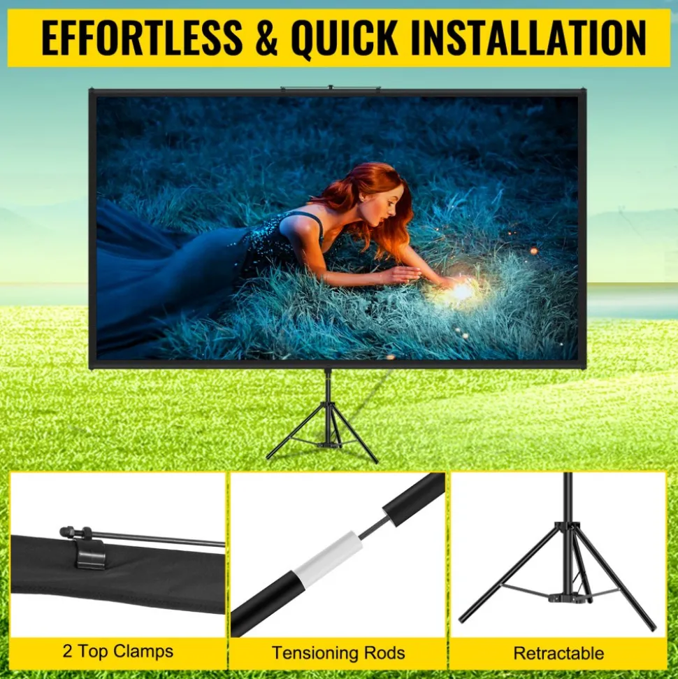 VEVOR Tripod Projector Screen with Stand 90 inch 16:9 4K HD Projection Screen Stand Wrinkle-Free Height Adjustable Portable Screen for Projector Indoor & Outdoor for Movie, Home Cinema, Gaming, Office
