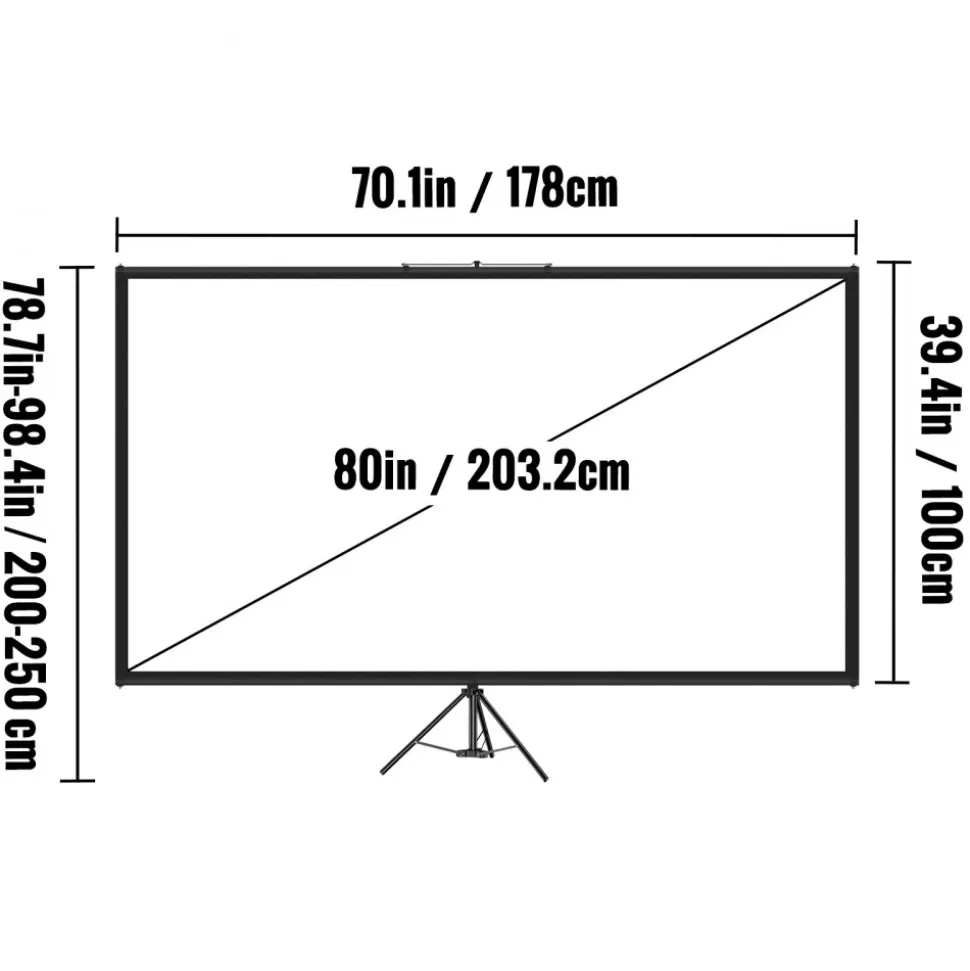 VEVOR Tripod Projector Screen with Stand 90 inch 16:9 4K HD Projection Screen Stand Wrinkle-Free Height Adjustable Portable Screen for Projector Indoor & Outdoor for Movie, Home Cinema, Gaming, Office
