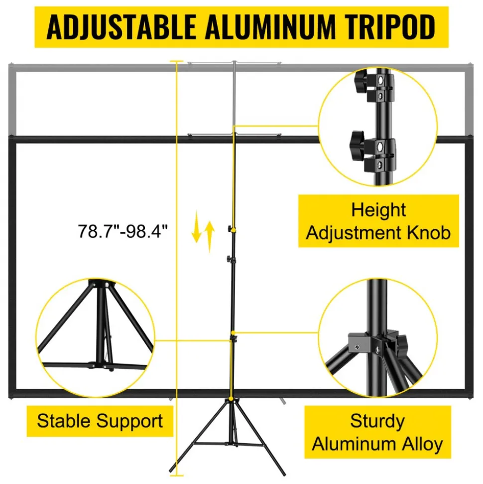 VEVOR Tripod Projector Screen with Stand 90 inch 16:9 4K HD Projection Screen Stand Wrinkle-Free Height Adjustable Portable Screen for Projector Indoor & Outdoor for Movie, Home Cinema, Gaming, Office