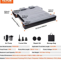 VEVOR Truck Bed Air Mattress, for 5.5-5.8 ft Full Size Short Truck Beds, Inflatable Air Mattress Camping Bed with 12V Air Pump 2 Pillows, Carry Bag, for Silverado, RAM, F Series, Sierra, Titan, Tundra