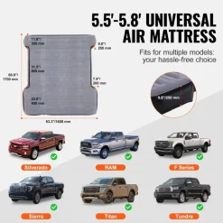 VEVOR Truck Bed Air Mattress, for 5.5-5.8 ft Full Size Short Truck Beds, Inflatable Air Mattress Camping Bed with 12V Air Pump 2 Pillows, Carry Bag, for Silverado, RAM, F Series, Sierra, Titan, Tundra