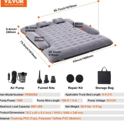 VEVOR Truck Bed Air Mattress, for 6-6.5 ft Full Size Truck Beds, Inflatable Air Mattress Camping Bed with 12V Air Pump 2 Pillows, Carry Bag, for Chevrolet Silverado, Dodge Ram, Ford 150/250/350