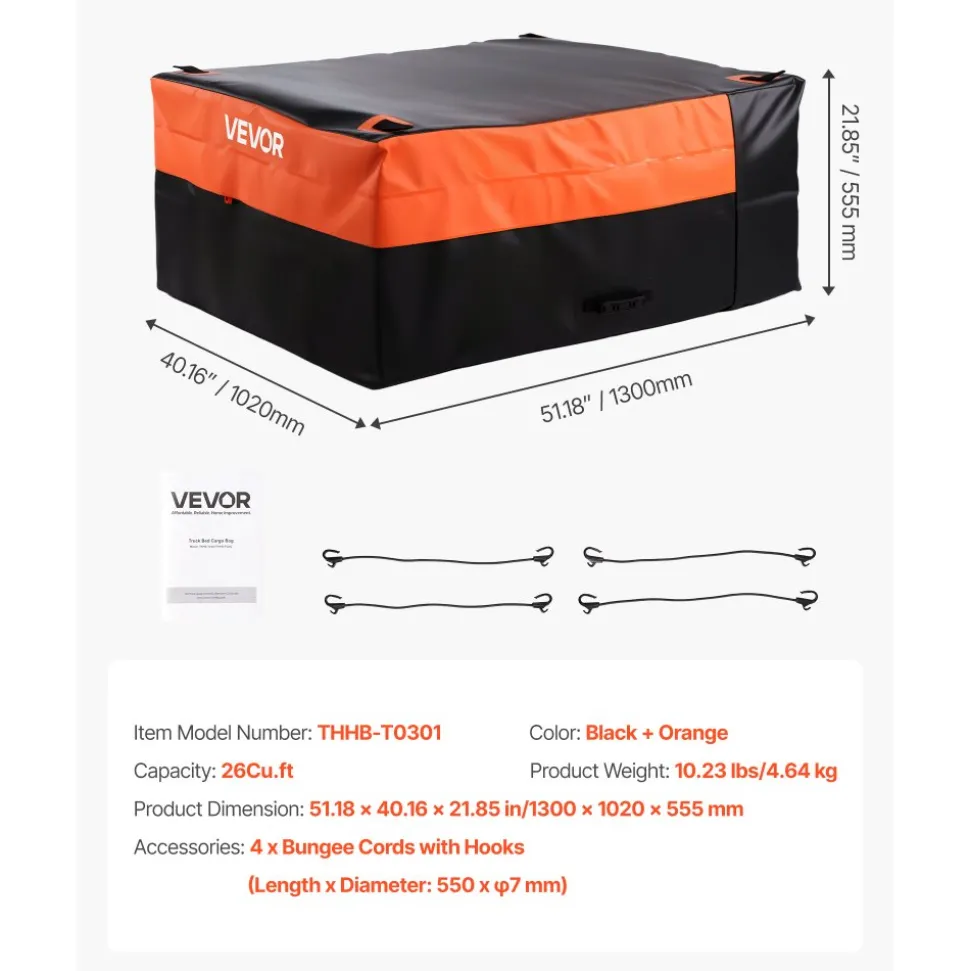 VEVOR Truck Bed Cargo Bag, Waterproof 840D PVC, 51.18 x 40.16 x 21.85 in (26 Cubic Feet), Heavy Duty Cargo Bag for Truck Bed with 4 Bungee Cords with Hooks, Fits a Variety of SUV and Pickup Trucks