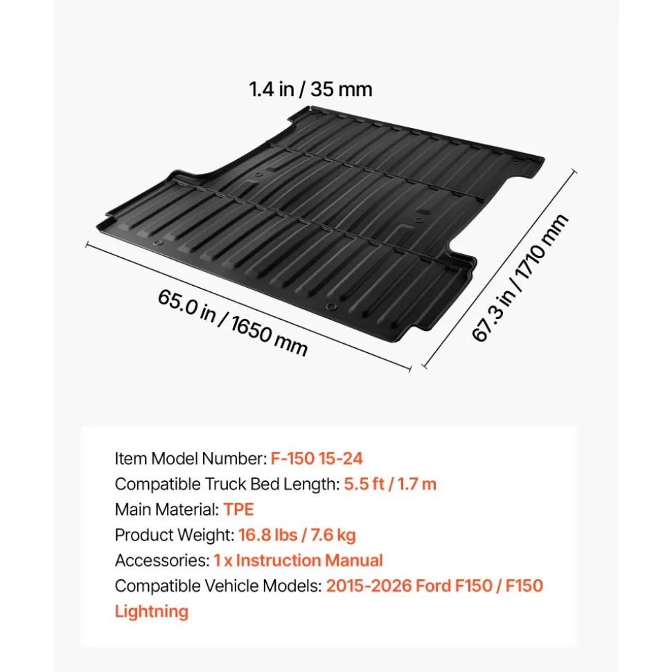 VEVOR Truck Bed Mat, TPE, Compatible with 2015-2026 Ford F150 Lightning Bed, Heavy Duty Custom Fit, All Weather Protection Pickup Car Cargo Trunk Liner Replacement, for 2015-2026 Ford F150 Accessories