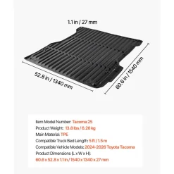VEVOR Truck Bed Mat, TPE, Compatible with 2024-2026 Toyota Tacoma Bed, Heavy Duty Custom Fit, All Weather Protection Pickup Car Cargo Trunk Liner Replacement, for 2024-2026 Toyota Tacoma Accessories