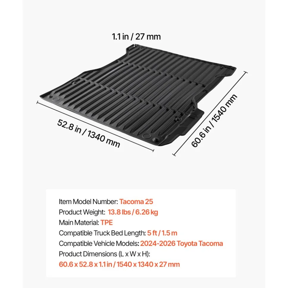 VEVOR Truck Bed Mat, TPE, Compatible with 2024-2026 Toyota Tacoma Bed, Heavy Duty Custom Fit, All Weather Protection Pickup Car Cargo Trunk Liner Replacement, for 2024-2026 Toyota Tacoma Accessories