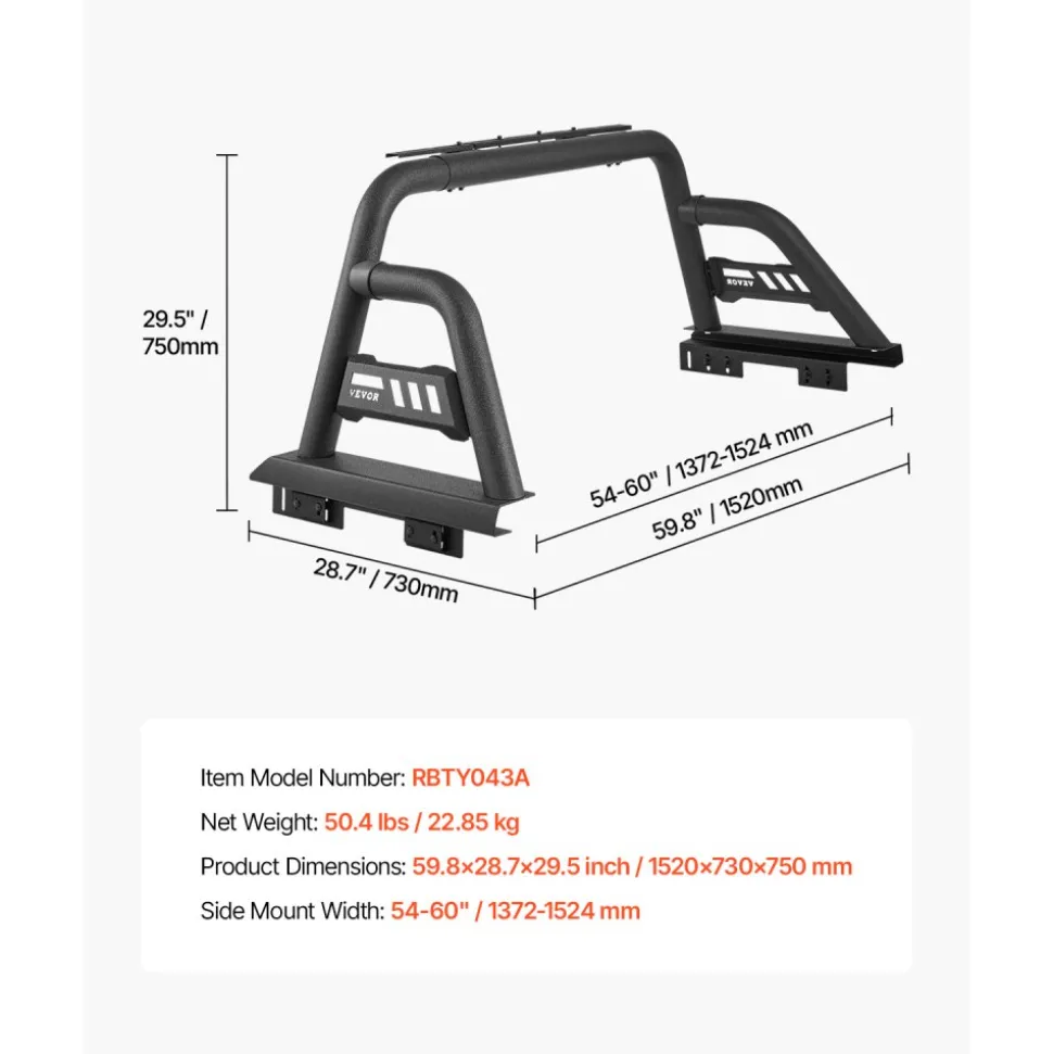 VEVOR Truck Bed Roll Bar, Universal Pickup Sport Adjustable Bar Chase Rack Compatible with Mid-Size Truck, Carbon Steel Construction with Extension Light Bracket, No Rack Included